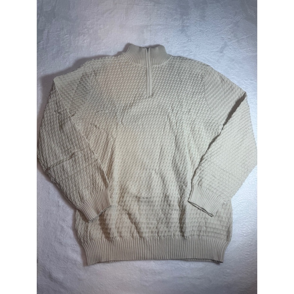 Mens XXL Cream Beige Heavy Warm Quarter Zip Textured Knit Sweater Pullover